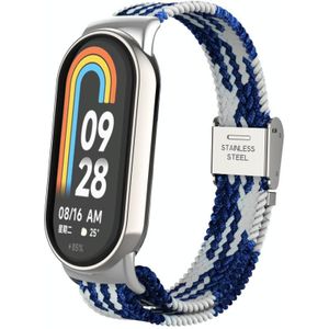Voor Xiaomi Mi Band 8 metalen kop + verstelbare nylon gevlochten stalen gesp horlogeband (blauw wit)