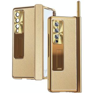 Voor Samsung Galaxy Z Fold4 Litchi Patroon Magnetische Shell Film Gentegreerde Schokbestendige Telefoon Case (Goud)