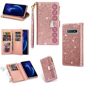 Voor Samsung Galaxy S10+ Multi-card Slots Starry Sky Laser Carving Glitter Zipper Horizontale Flip Lederen Case met Holder & Wallet & Lanyard(Rose Gold)