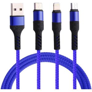 Micro USB/8 pin/type-C naar USB High Speed Weave oplaadkabel (blauw)