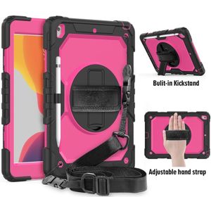 Voor iPad 10 2 schokbestendige kleurrijke silicagel + PC beschermhoes met houder & schouderriem & hand riem & pen slot (zwart + fuchsia roze)