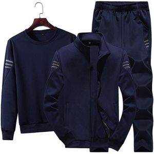 3 in 1 herfst dunne fluwelen ronde hals bottoming shirt + stand kraag vest jas + broek casual sportpak voor mannen (kleur: donkerblauwe maat: L)
