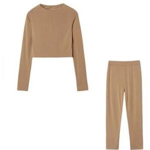 Daling winter effen kleur slim fit lange mouwen sweatshirt + broek pak voor dames (kleur: abrikoos maat: XXL)