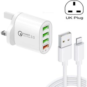 QC-04 QC3.0 + 3 x USB2.0 Multi-poorten oplader met 3A USB tot 8 PIN-gegevenskabel  Britse plug