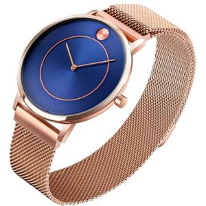SKMEI 9197 Simple Non-Scale Dial Metal Mesh Riem Quartz Horloge voor Dames (Rose Gold Blue Surface)