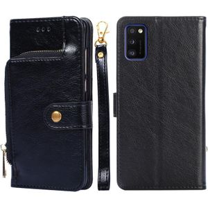 Voor Samsung Galaxy A41 EU-versie Zipper Bag PU + TPU Horizontale Flip Lederen Case met Houder & Card Slot & Portemonnee & Lanyard (Zwart)
