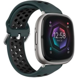 Voor Fitbit Sense tweekleurige geperforeerde ademende siliconen horlogeband (olijfgroen + zwart)
