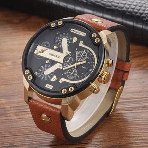 Cagarny 6820 Round Large Dial Leather Band Quartz Dual Movement Watch voor mannen (goud tussen bruine band)