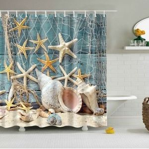 2 stuks kleurrijke strand conch Starfish shell polyester wasbaar bad douche gordijnen  grootte: 180X200cm (visnet shell)