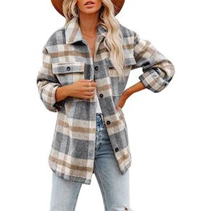 Revers lange mouwen flanel check shirt losse casual vest jack voor dames (kleur: lichtgrijs Maat: XXL)