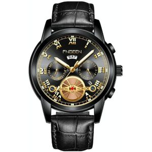 FNGEEN 4001 Heren niet-mechanisch horloge multi-functie Quartz Horloge  kleur: Zwart lederen zwart stalen zwart oppervlak