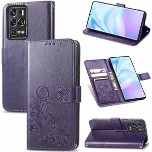 Voor ZTE AXON 30 ULTRA 5G Vierblad Sluiting in relif gemaakte gesp Mobiele Telefoon Bescherming Lederen Case met Lanyard & Card Slot & Wallet & Bracket-functie (Paars)