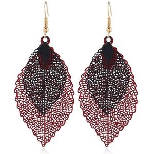 Dubbel gelaagde verlaat Tassel Earrings eenvoudige retro metalen blad-oren ornamenten (rood zwart)