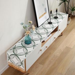 Thuis TV Cabinet Schoenkast Chenille Polyester Tassel Tafelkleed  Grootte: 35x160cm (groene bloem)
