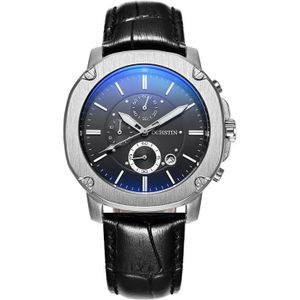 Ochstin 5039C Multifunctioneel Business Herenhorloge Lichtgevend Waterdicht Lederen Quartz Horloge (Zilver + Zilver + Zwart)