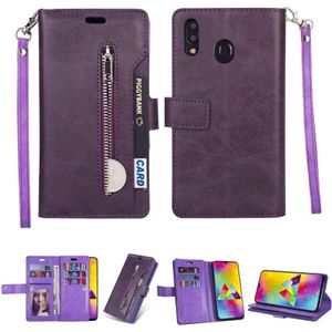 Voor Huawei Y6 (2019) / Honor 8A 2020 Multifunctionele Rits Horizontale Flip Lederen Case met Holder & Wallet & 9 Card Slots & Lanyard(Paars)