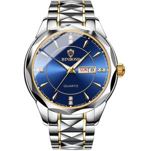 BINBOND B5552 Lichtgevende multifunctionele zakelijke kalender quartz horloge (Inter-goud-blauw)