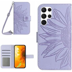 Voor Samsung Galaxy S23 Ultra 5G Skin Feel Sun Flower Pattern Flip Leather Phone Case met Lanyard (Paars)