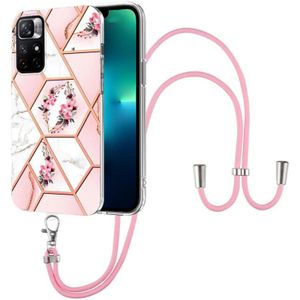 For Xiaomi Redmi Note 11 5G Chinese Splicing Marble Flower Pattern TPU Phone Case with Lanyard(Pink Flower)