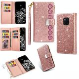 Voor Huawei Mate 20 Pro Multi-card Slots Starry Sky Laser Carving Glitter Zipper Horizontale Flip Lederen Case met Holder & Wallet & Lanyard(Rose Gold)