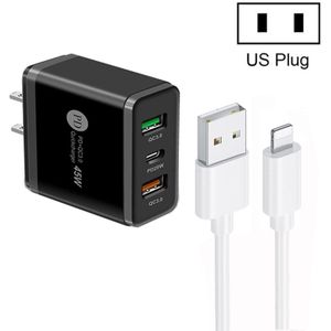 45W PD25W + 2 x QC3.0 USB Multi Port-oplader met USB naar 8-pins kabel  US-stekker