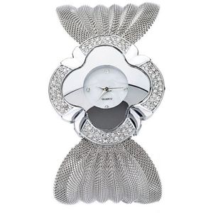 2 PC'S bloem vorm spiegel Dial Diamond grid riem quartz horloge voor vrouwen (zilver)