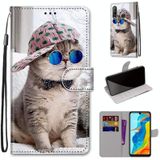 Voor Huawei P30 Lite Coloured Drawing Cross Texture Horizontale Flip PU Lederen case met Holder & Card Slots & Wallet & Lanyard(B20 Slant Hat Blue Mirror Cat)