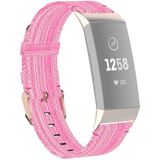 Voor Fitbit Charge 4 / Charge 3 / Charge 3 SE Stainless Steel Head Grain nylon Denim Replacement Strap Watchband (Roze)