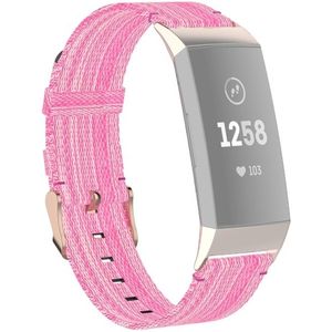 Voor Fitbit Charge 4 / Charge 3 / Charge 3 SE Stainless Steel Head Grain nylon Denim Replacement Strap Watchband (Roze)