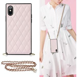 Elegant Rhombic Pattern Microfiber Leather + TPU Shockproof Case met Crossbody Strap Chain voor iPhone X / XS (Pink)
