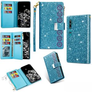 Voor Xiaomi Note 10 Pro Multi-card Slots Starry Sky Laser Carving Glitter Zipper Horizontale Flip Lederen Case met Holder & Wallet & Lanyard(Sky Blue)