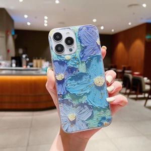 Voor iPhone 11 Pro Goudfolie Olieverf Epoxy TPU Telefoonhoes (Blauw Paarse bloemen1)