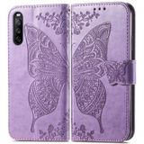 Voor Sony Xperia 10 III Butterfly Love Flowers Relif Horizontale Flip Leren Case met Houder & Card Slots & Wallet & Lanyard (Light Purple)