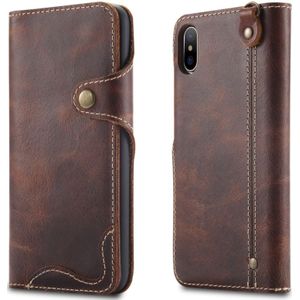For iPhone X / XS Denior Oil Wax Cowhide Magnetic Button Horizontal Flip Leather Case with Card Slots & Wallet(Brown)