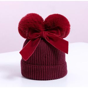 MZ7153 Double Wool Ball Bowknot Kinderen Gebreide hoed met katoenen warme babyhoed  grootte: ongeveer 6-36 maanden (rode wijn)