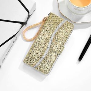 Voor Samsung Galaxy A50 Glitter Powder Horizontale Flip Lederen case met kaartslots & houder & lanyard(goud)