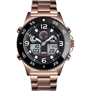 SKMEI 1538 Multi-function Time Large Dial Steel Belt Men Casual Sports Electronic Watch (Rose Gold-Steel Belt)