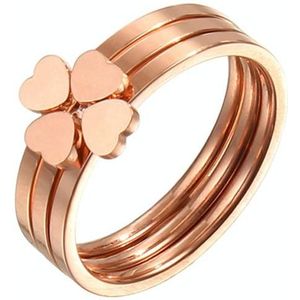 2 PCS 3 In 1 Titanium Steel Peach Heart Combination Four-Leaf Clover Couple Ring  Size: US Size 6(Rose Gold)