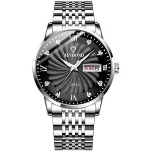 BINBOND B3034 Diamond 30m waterdicht zakelijk horloge mannen vlinder gesp lichtgevende quartz horloge (wit staal-zwart)