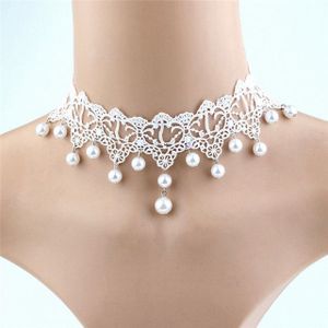 Vrouwen Fashion elegante Vintage imitatie parel witte Lace Choker kettingen bruids Jewelry(White)