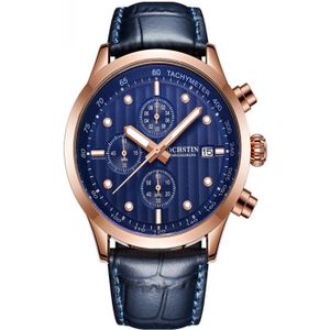 Ochstin 6042B multifunctioneel zakelijk lederen waterdicht lichtgevend quartz herenhorloge (rosgoud + blauw)