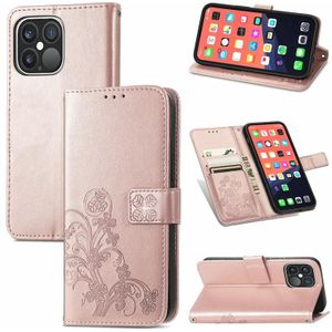 Voor iPhone 13 Pro Max Four-Leaf Clover Clasp Inmorting Buckle Mobiele Telefoon Bescherming Leren Case met Lanyard & Card Slot & Portemonnee & Bracket Functie (Rose Gold)