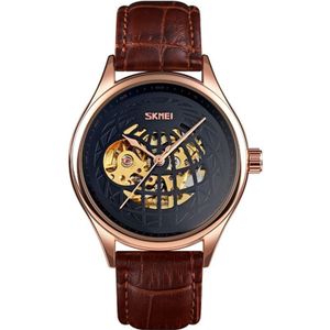 SKMEI 9209 Men Business Automatische Mechanische Horloge Ronde Holle Wijzerplaat Lederen Horloge horloge (Rose Gold Black)