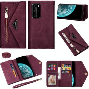 Voor Huawei P40 Pro Skin Feel Zipper Horizontale Flip Lederen case met Holder & Card Slots & Photo Frame & Lanyard & Long Rope(Wine Red)