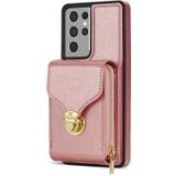 Voor Samsung Galaxy S21 Ultra 5G Rits Hardware Kaart Portemonnee Telefoonhoes (Rose Goud)