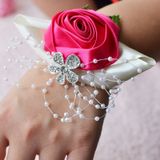 Handgemaakte Wedding Bride pols bloem corsages boeket Corsage Diamond satijn Rose Flowers(Magenta)