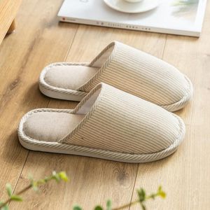 Herfst Winter Huispantoffels Gestreept Linnen Antislip Zachte Onderkant Katoenen Slippers  Maat: 36-37 (Beige)