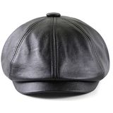 15382 PU Leder Achthoekige Hoed Winter Outdoor Warm Cap Retro Baret  Grootte: One Size(Black)