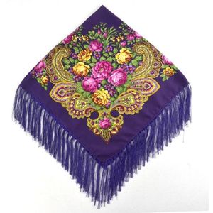 Paarse etnische stijl retro kwast vierkante sjaal bloem patroon hoofddoek sjaal  grootte: 90 x 90cm