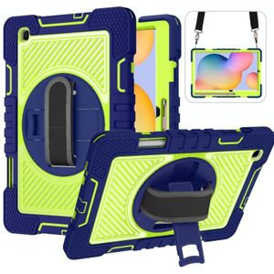 Voor Samsung Galaxy Tab S6 Lite P610 / P615 360 Graden Rotatie Contrast Kleur Schokbestendig Siliconen + PC Case met Houder & Hand Grip Band & Schouderriem (Navy + Geel Groen)